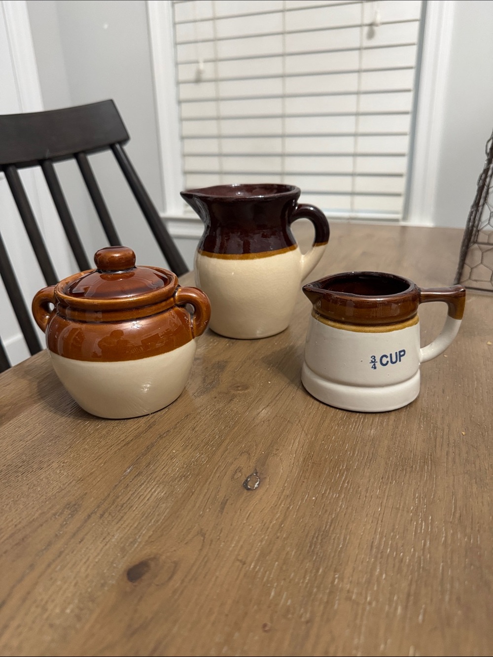 3 Small vintage home decor. creamer pitcher/measuring cup and mini crock.
